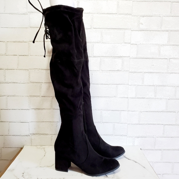 ⚡FLASH SALE! Unisa Black OTK Stretch Heeled Boots - Picture 2 of 6